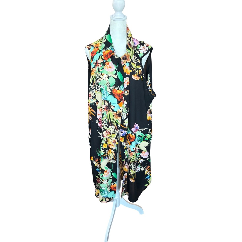 Spense Woman Floral Duster Vest Black Multicolor Sleeveless Open Front L/XL